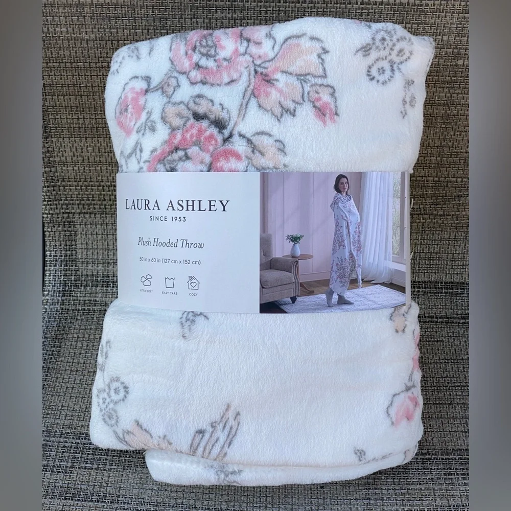 LAURA ASHLEY Pink Flowers Polyester Soft Plush Hooded Throw Blanket 50